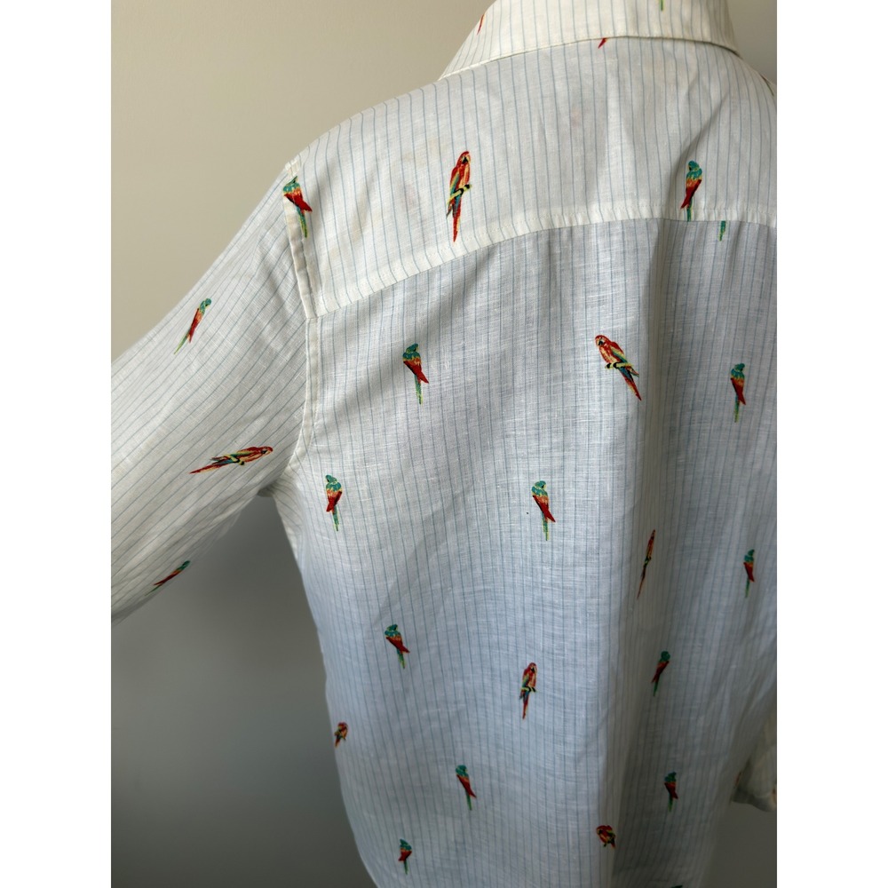 Chicos No Iron Linen Shirt Womens 2 (L) White Blue Pinstripe Parrot Embroidery - Picture 9 of 14